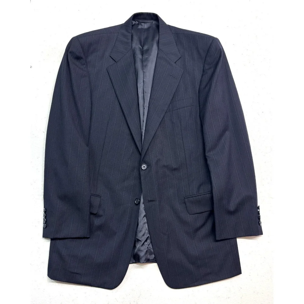 vtg Hickey Freeman 41R 42R 36x30 Navy Blue Stripe 2pc Pant Suit USA Flannel Wool
